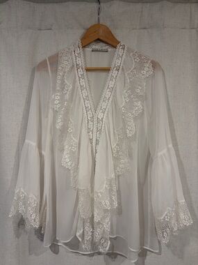 Alice + Olivia Ivory Sheer Lace-Trim Blouse